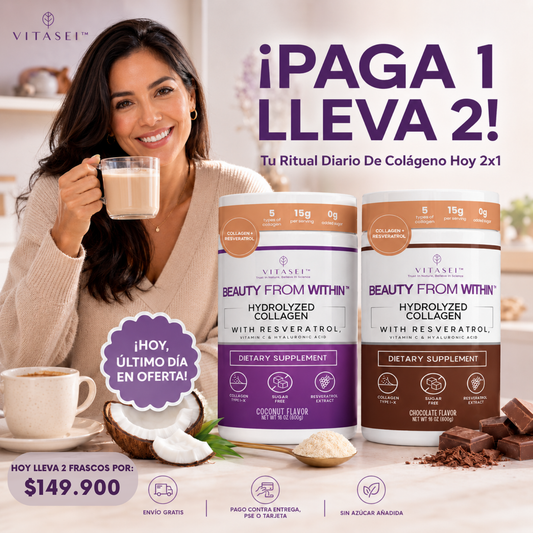 PAGA 1 LLEVA 2: COLÁGENO HIDROLIZADO CON RESVERATROL VITASEI BEAUTY FROM WITHIN - 600 GRAMOS C/U